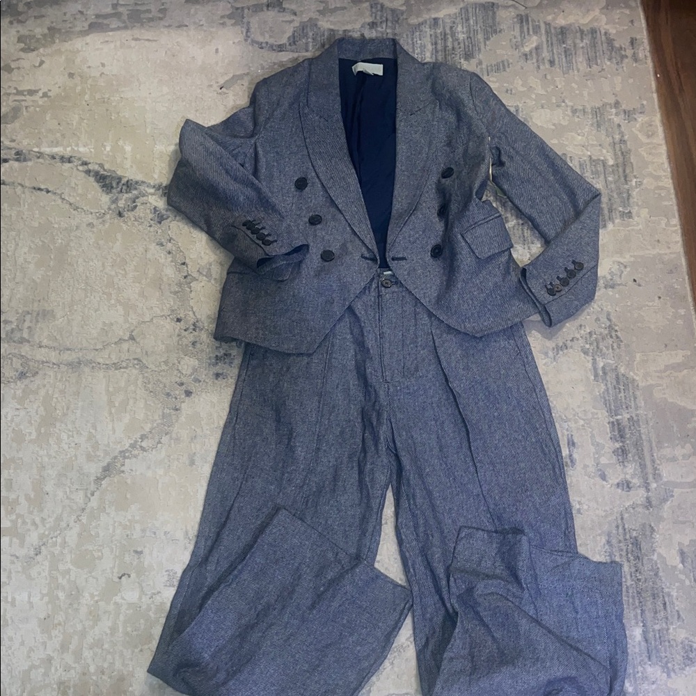 Womens Gray Double-Breasted Blazer and Pants Suit Pantsuit Linen Set 2